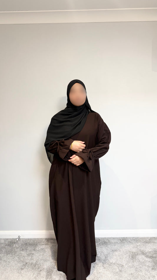 The Ribbed Bow-Cuff Abaya - Chocolate Brown