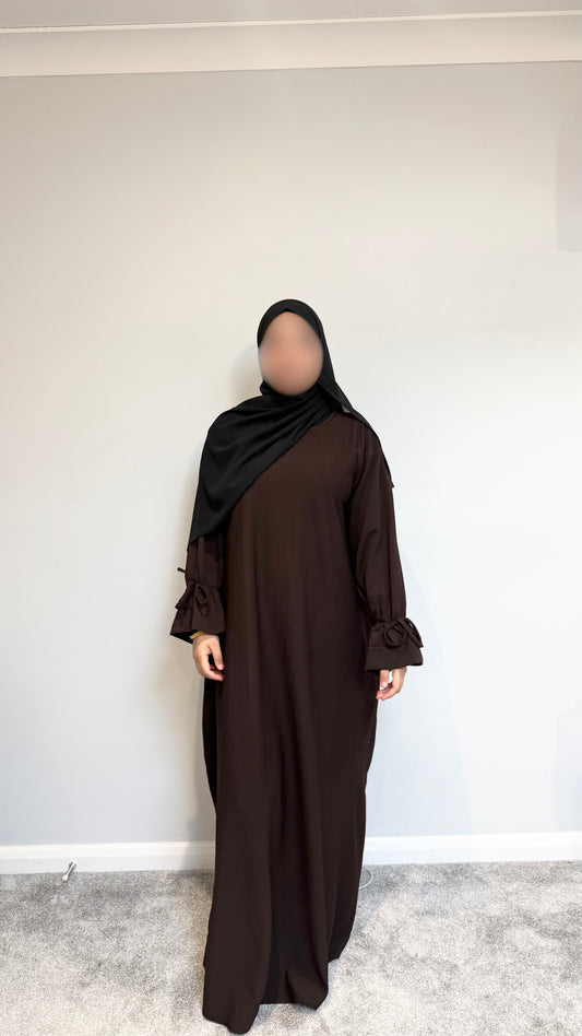 The Ribbed Bow-Cuff Abaya - Chocolate Brown